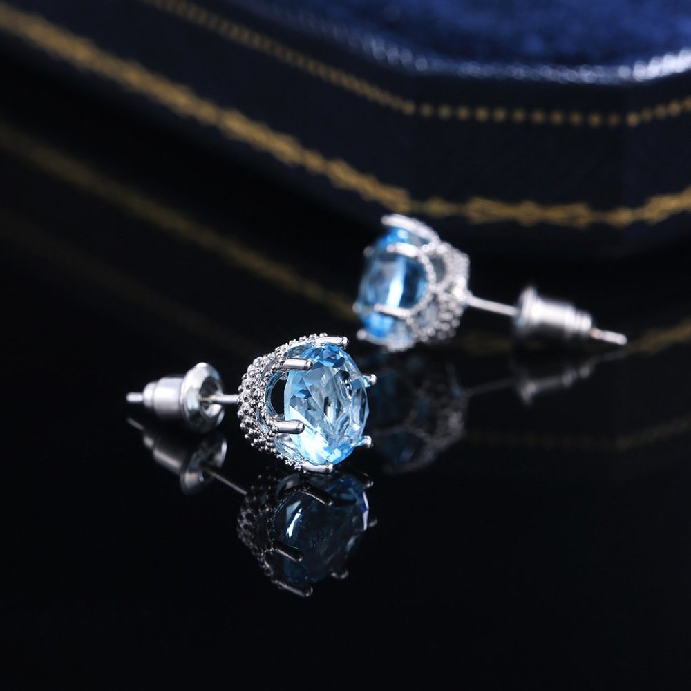 NEW 4CT Silver Round Aquamarine Stud Earrings - Picture 3 of 6